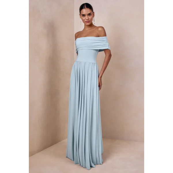 Cindie | Robe longue bleu poudré à col bardot
