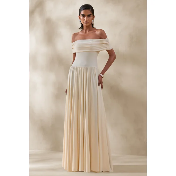 Cindie | Robe longue crème à encolure bardot