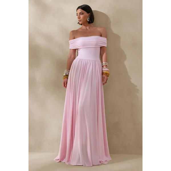 Cindie | Robe longue rose à encolure bardot