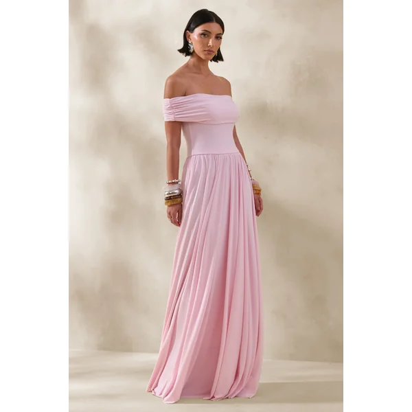 Cindie | Robe longue rose à encolure bardot
