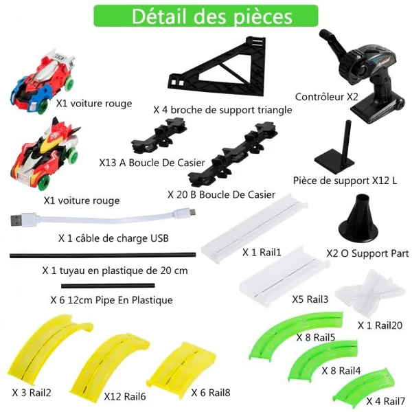Circuit de Voiture 86m Jouet de Piste de Course pour Enfants Plus de 6 Ans 2 Voitures Incluses en Abs+PP Vert+Jaune