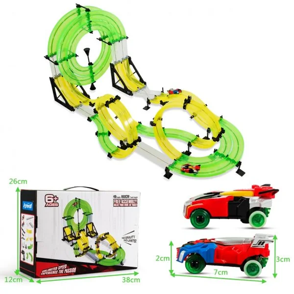 Circuit de Voiture 86m Jouet de Piste de Course pour Enfants Plus de 6 Ans 2 Voitures Incluses en Abs+PP Vert+Jaune