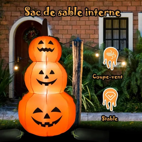 Citrouille Gonflable d'Halloween e 180CM en 3 Empilées avec Ventilateur et Ampoules LED Internes Tissu en Polyester
