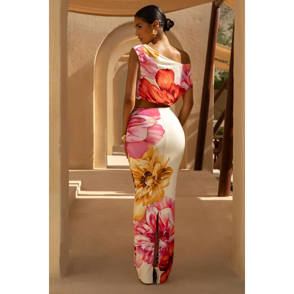 Clara | Jupe longue à grand imprimé floral placé multicolore