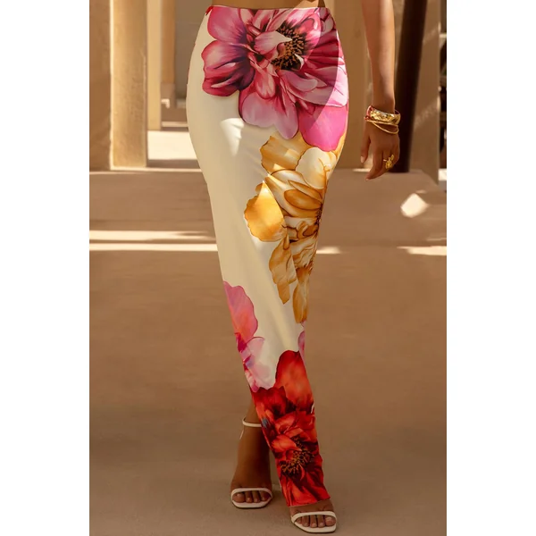 Clara | Jupe longue à grand imprimé floral placé multicolore