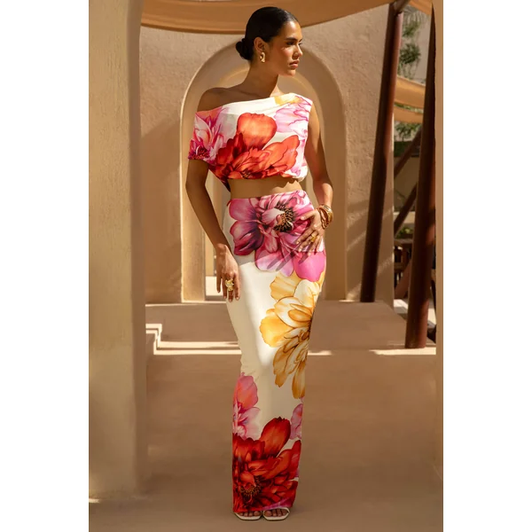 Clara | Jupe longue à grand imprimé floral placé multicolore