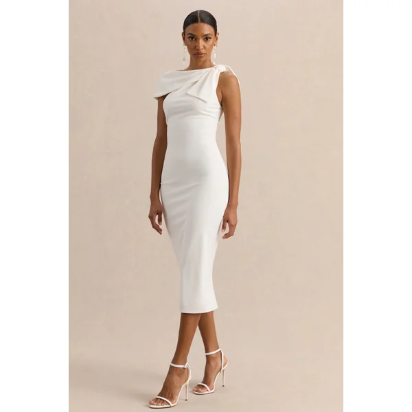 Clarina | Robe mi-longue blanche à encolure asymétrique avec détail de nœud