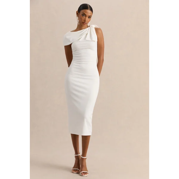 Clarina | Robe mi-longue blanche à encolure asymétrique avec détail de nœud