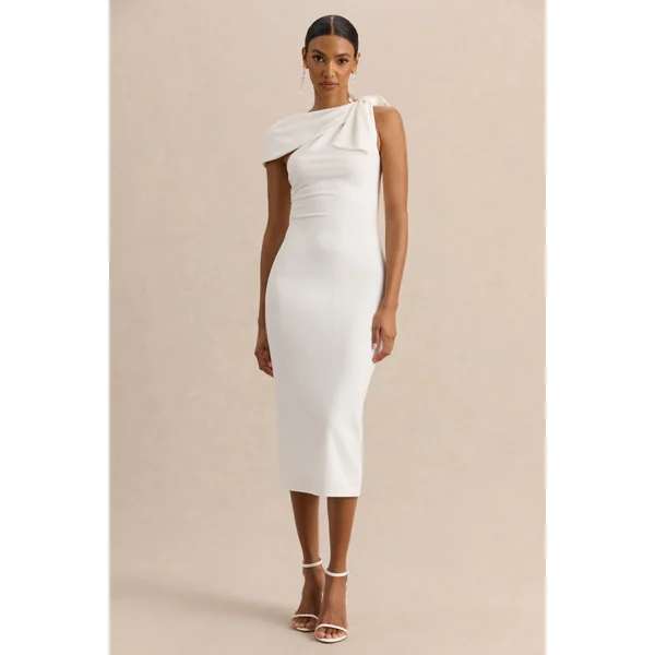 Clarina | Robe mi-longue blanche à encolure asymétrique avec détail de nœud