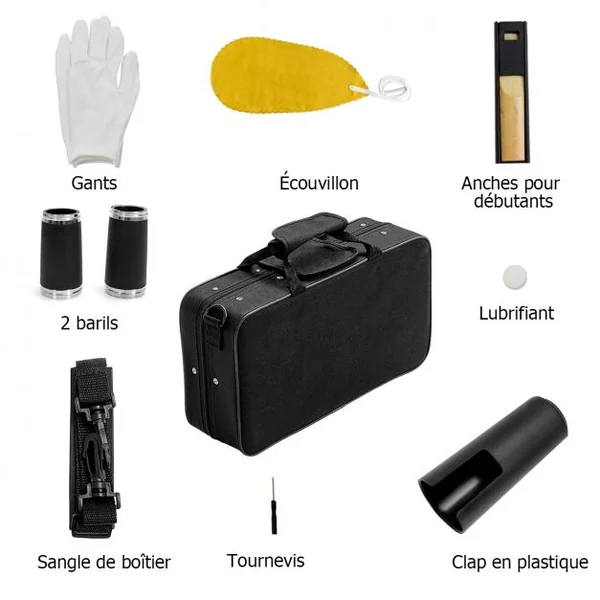 Clarinette 17 Clés avec 2 Barillets et un Kit d’Embouchure Mallette de Transport Noir