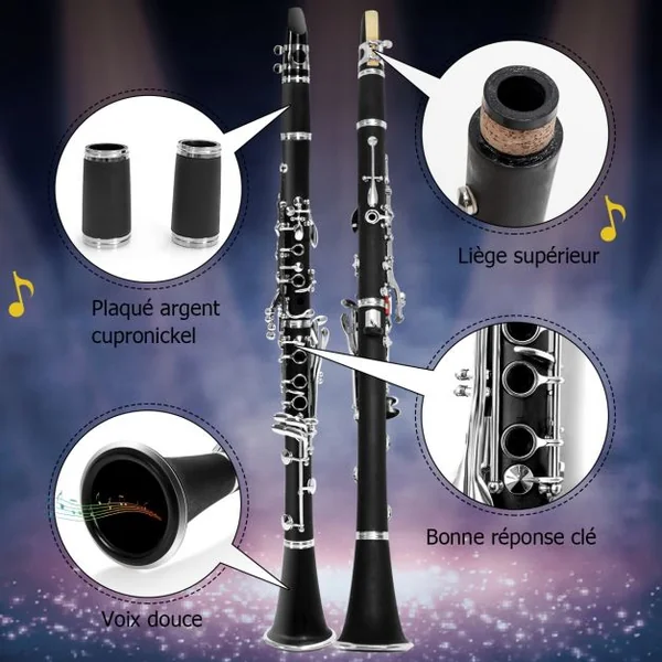 Clarinette 17 Clés avec 2 Barillets et un Kit d’Embouchure Mallette de Transport Noir