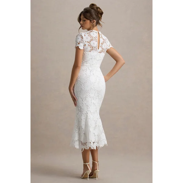 Clarissa | Robe mi-longue en dentelle blanche à col rond et manches courtes