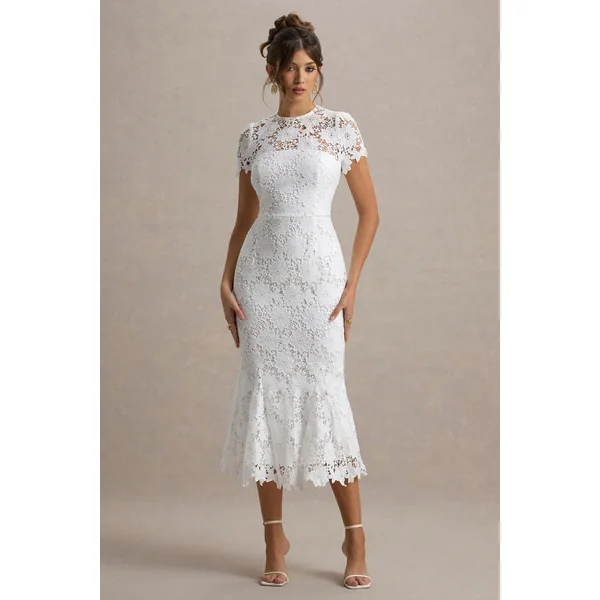 Clarissa | Robe mi-longue en dentelle blanche à col rond et manches courtes