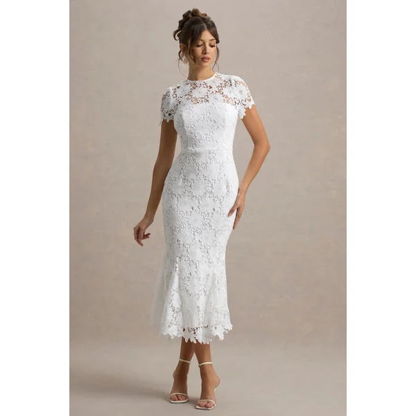 Clarissa | Robe mi-longue en dentelle blanche à col rond et manches courtes