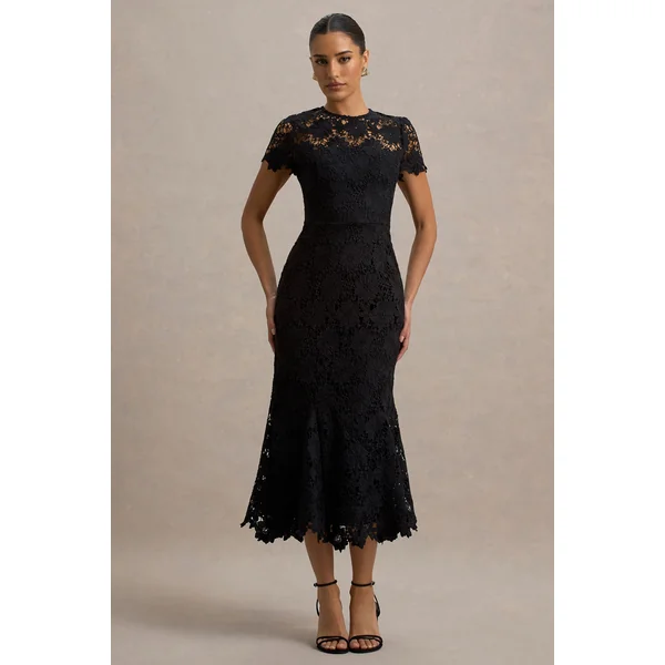 Clarissa | Robe mi-longue plissée noire en dentelle à manches courtes