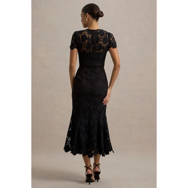 Clarissa | Robe mi-longue plissée noire en dentelle à manches courtes