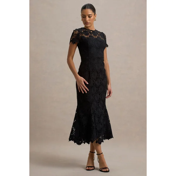 Clarissa | Robe mi-longue plissée noire en dentelle à manches courtes