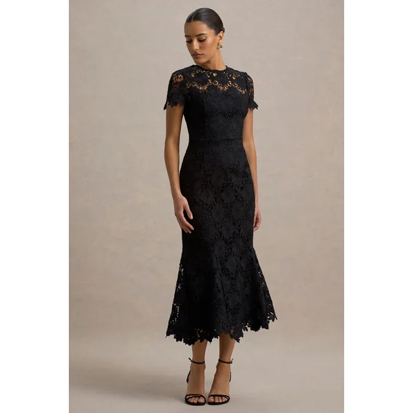 Clarissa | Robe mi-longue plissée noire en dentelle à manches courtes