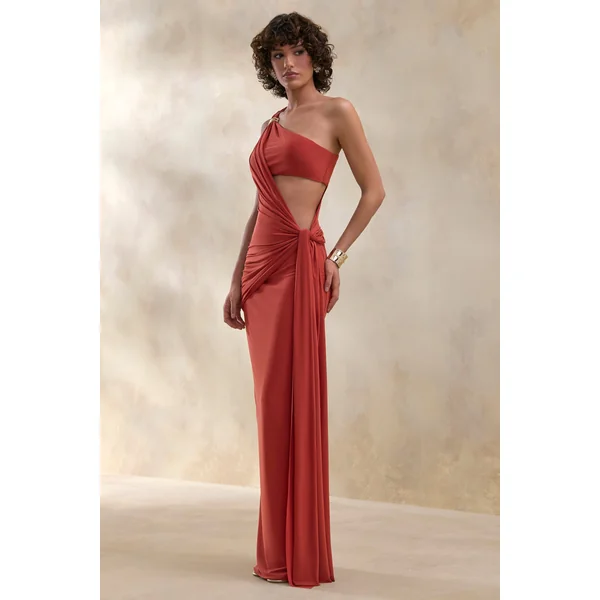 Clarosia | Robe longue rouille à encolure asymétrique avec découpes et détail écharpe
