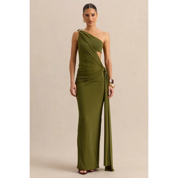 Clarosia | Robe longue verte à encolure asymétrique avec découpes et détail écharpe