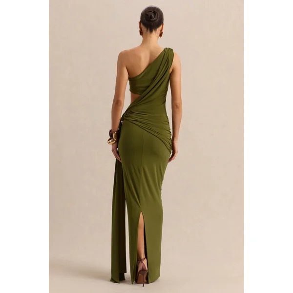 Clarosia | Robe longue verte à encolure asymétrique avec découpes et détail écharpe