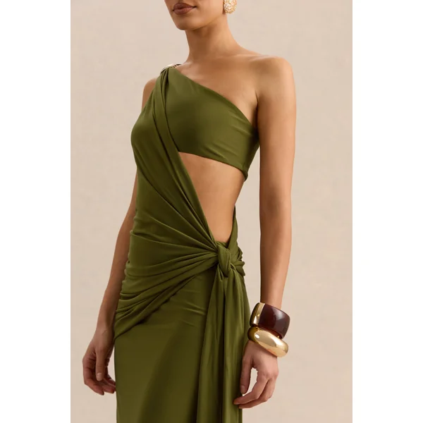 Clarosia | Robe longue verte à encolure asymétrique avec découpes et détail écharpe
