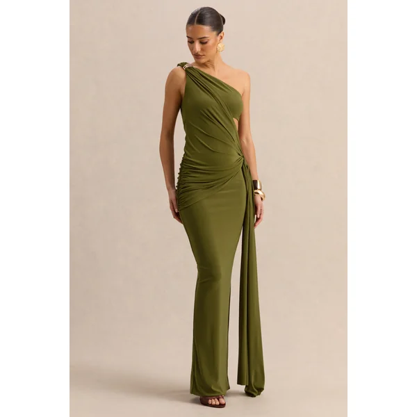 Clarosia | Robe longue verte à encolure asymétrique avec découpes et détail écharpe