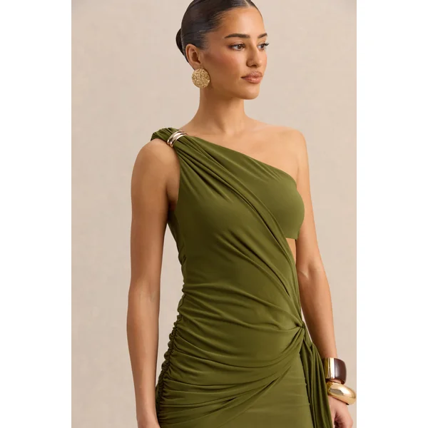 Clarosia | Robe longue verte à encolure asymétrique avec découpes et détail écharpe