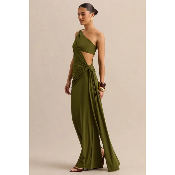 Clarosia | Robe longue verte à encolure asymétrique avec découpes et détail écharpe