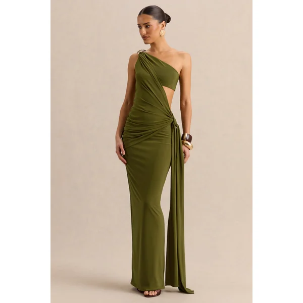 Clarosia | Robe longue verte à encolure asymétrique avec découpes et détail écharpe