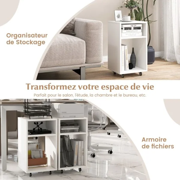 Classeur Mobile avec 2 Etagères Ouvertes Support d'Imprimante Blanc