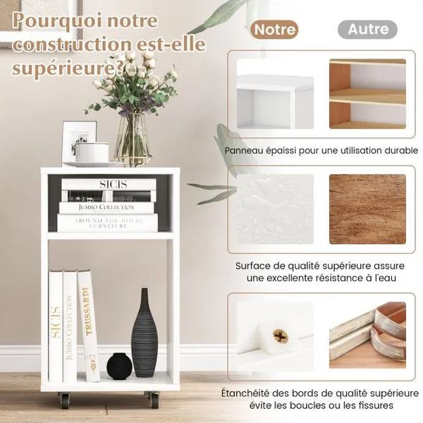 Classeur Mobile avec 2 Etagères Ouvertes Support d'Imprimante Blanc