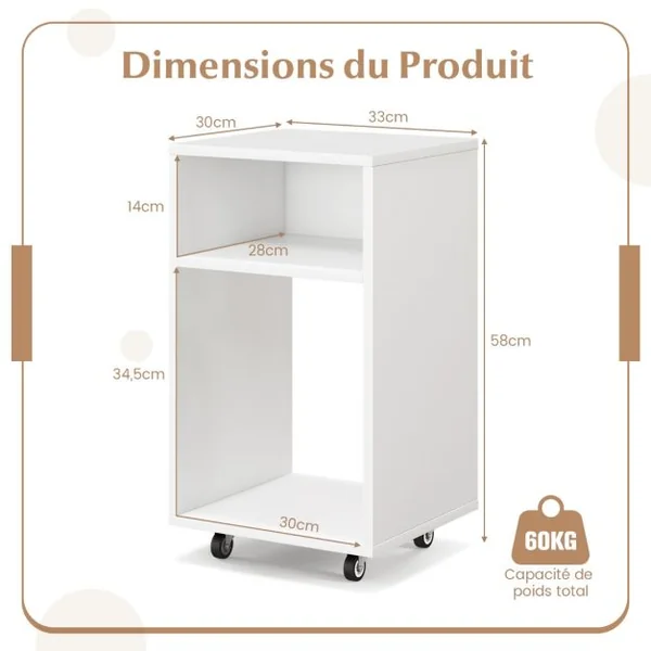 Classeur Mobile avec 2 Etagères Ouvertes Support d'Imprimante Blanc