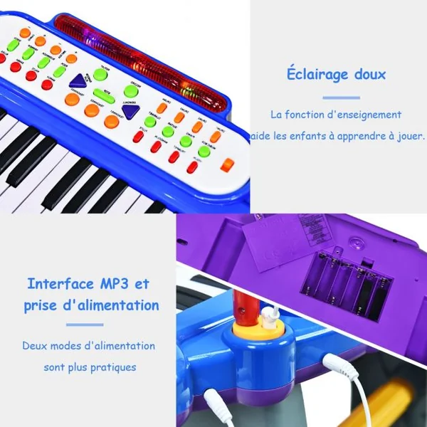 Clavier de Piano Electronique à 37 Touches pour enfants avec Tabouret et Microphone Bleu