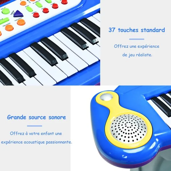 Clavier de Piano Electronique à 37 Touches pour enfants avec Tabouret et Microphone Bleu
