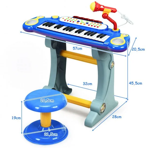 Clavier de Piano Electronique à 37 Touches pour enfants avec Tabouret et Microphone Bleu