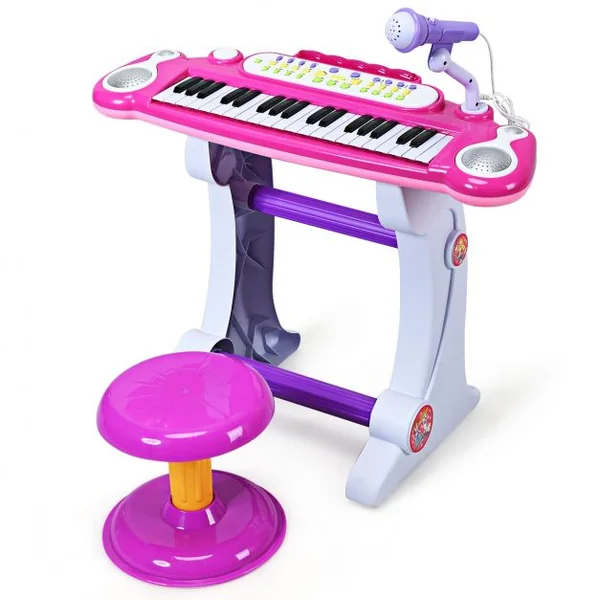 Clavier de Piano Electronique à 37 Touches pour Enfants avec Tabouret et Microphone Rose