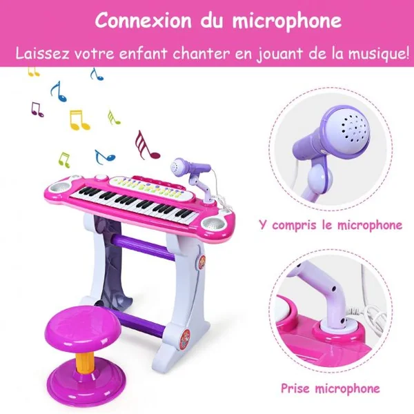 Clavier de Piano Electronique à 37 Touches pour Enfants avec Tabouret et Microphone Rose