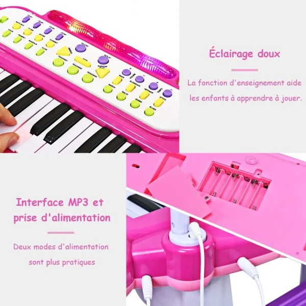 Clavier de Piano Electronique à 37 Touches pour Enfants avec Tabouret et Microphone Rose