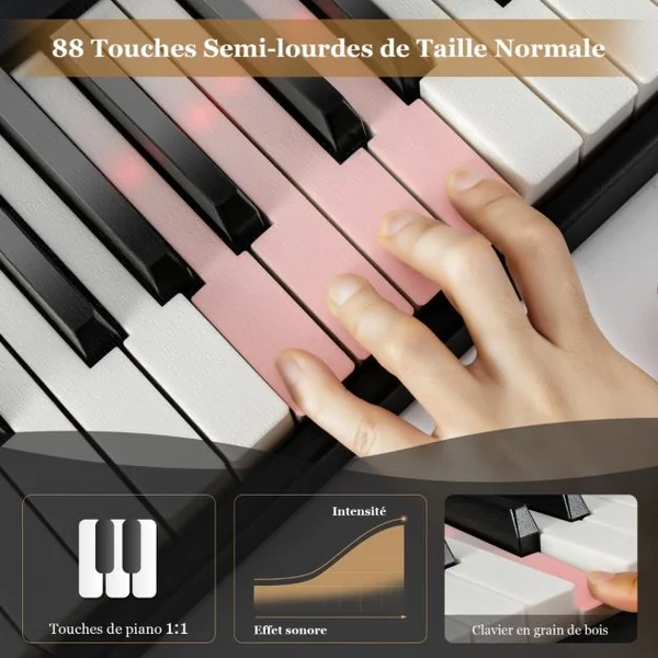 Clavier de Piano Numérique Pliable avec 88 Touches Lourdes LED Pleine Grandeur Fonction 2 Clavier MP3/USB/MIDI Noir/Blanc