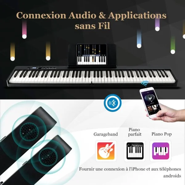 Clavier de Piano Numérique Pliable avec 88 Touches Lourdes LED Pleine Grandeur Fonction 2 Clavier MP3/USB/MIDI Noir/Blanc