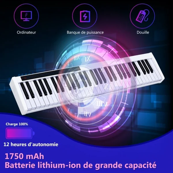 Clavier de Piano pour Enfants 61 Touches Portable Bluetooth Microphone Interface MIDI/USB 128 Rythmes et 20 Démos