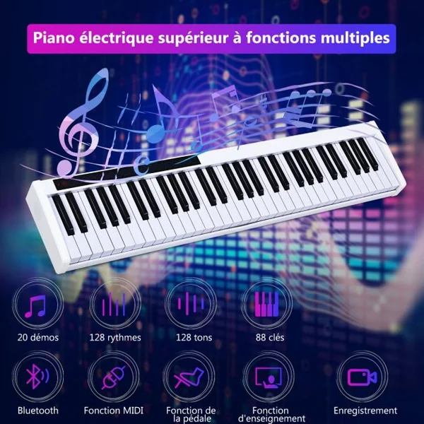 Clavier de Piano pour Enfants 61 Touches Portable Bluetooth Microphone Interface MIDI/USB 128 Rythmes et 20 Démos