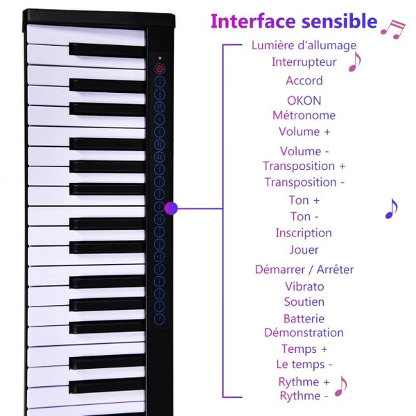 Clavier Electrique à 88 Touches 128 Rythmes 128 Notes Réglage Dynamique Interface MIDI/USB Fonction Bluetooth et Sac