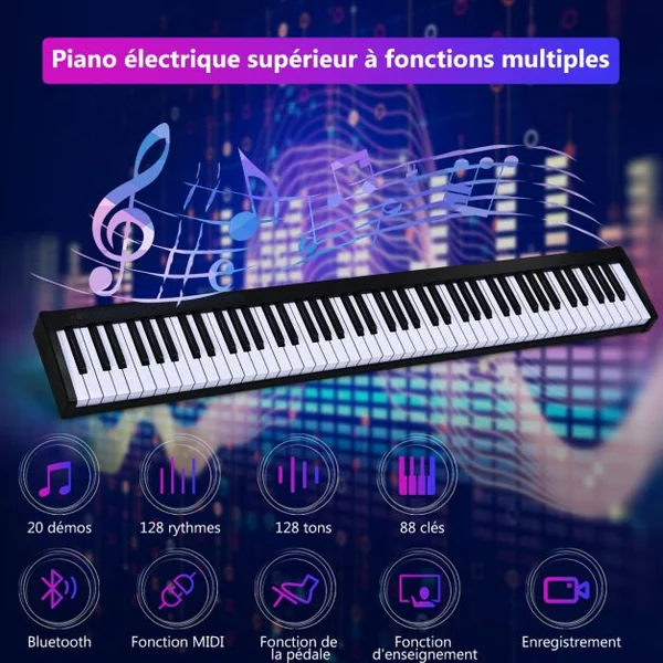 Clavier Electrique à 88 Touches 128 Rythmes 128 Notes Réglage Dynamique Interface MIDI/USB Fonction Bluetooth et Sac
