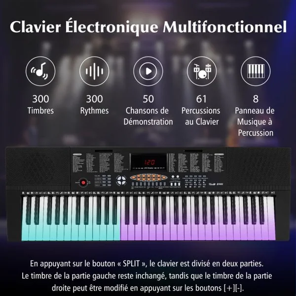 Clavier Electronique 61 Touches Piano Numérique Portable 300 Rythmes 300 Timbres 50 Démos 3 Modes d’Enseignement Ecran LED