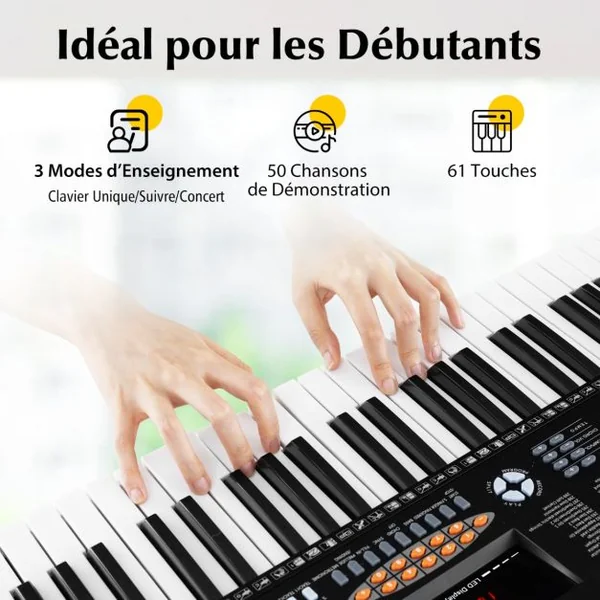 Clavier Electronique 61 Touches Piano Numérique Portable 300 Rythmes 300 Timbres 50 Démos 3 Modes d’Enseignement Ecran LED