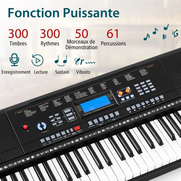 Clavier Electronique à 61 Touches Support et Tabouret 300 Timbres 300 Rythmes 50 Démonstrations Mode d'Enseignement Microphone