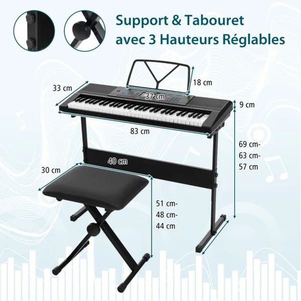 Clavier Electronique à 61 Touches Support et Tabouret 300 Timbres 300 Rythmes 50 Démonstrations Mode d'Enseignement Microphone