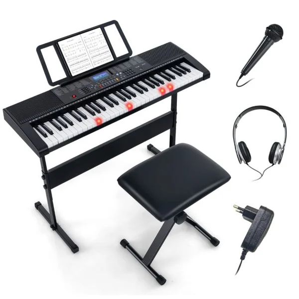 Clavier Electronique à 61 Touches Support et Tabouret Ensemble Complet de Piano Numérique 600 Timbres 400 Rythmes 50 Démonstrations